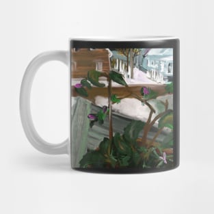 Budding fuchsia in upstairs window. Mug